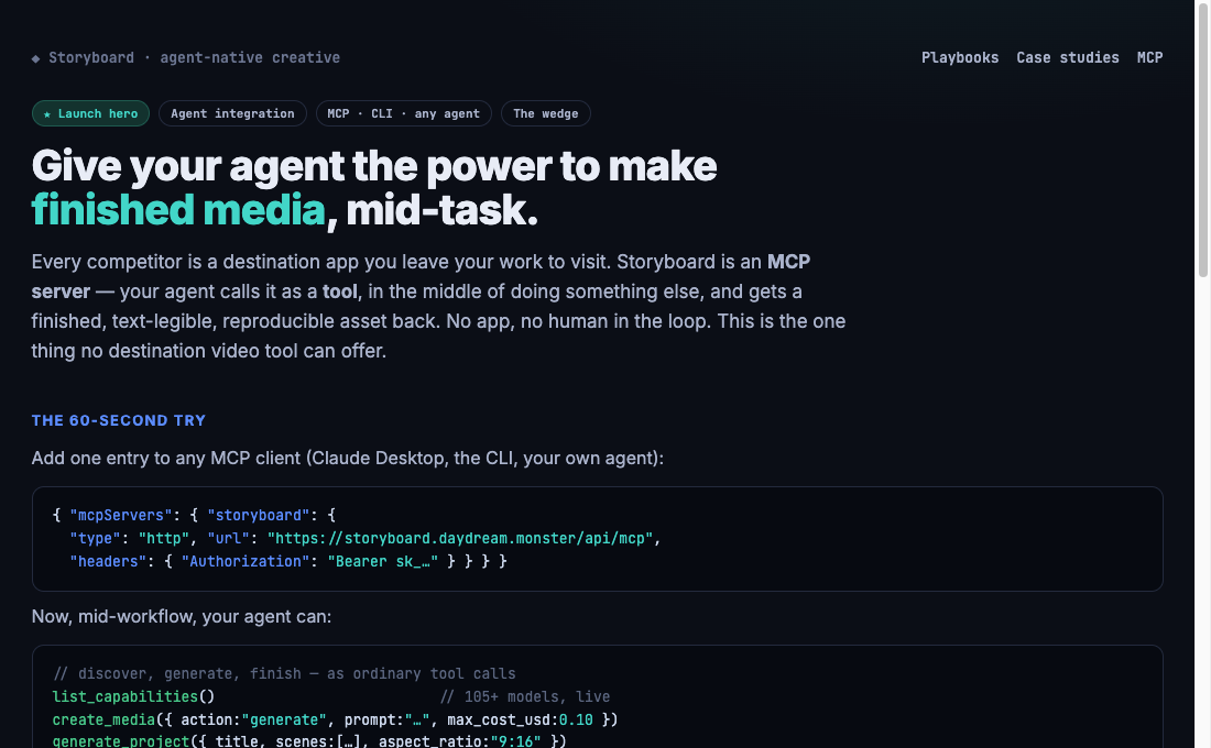Agent-media-tool — the agent-as-MCP wedge: a finished, text-legible media asset returned from a tool call