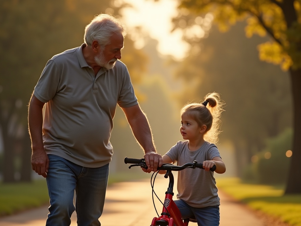 Grandfather gives the red bike