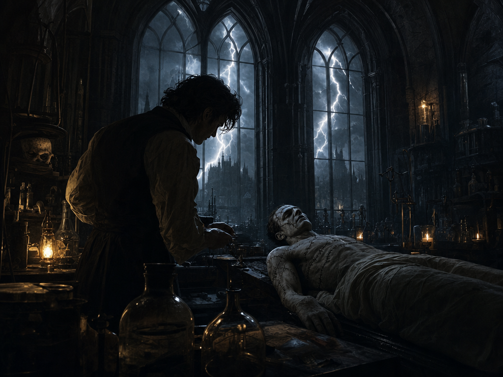 Victor in the candlelit laboratory