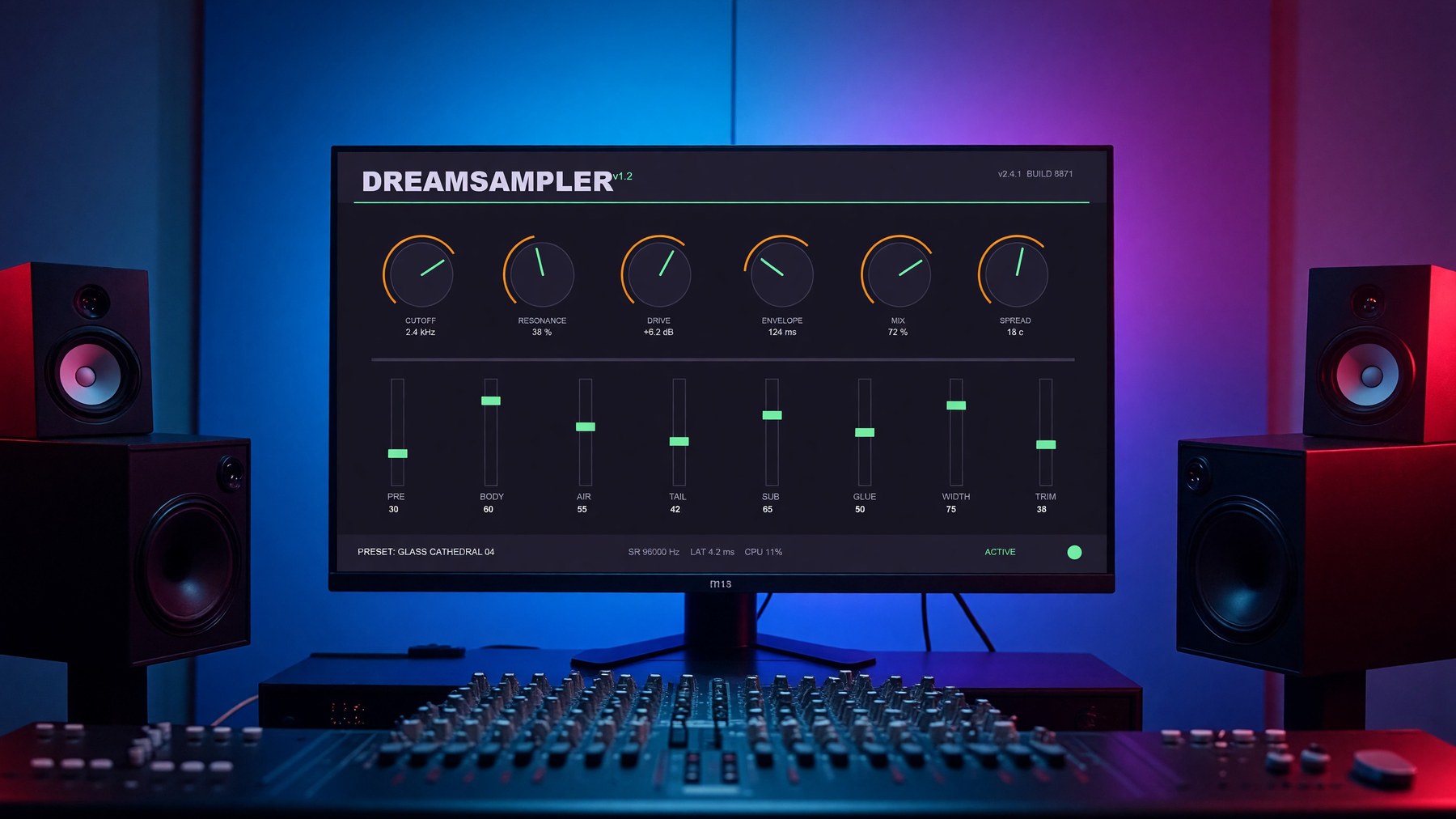 The finished composite — the DreamSampler interface on the studio monitor under neon light