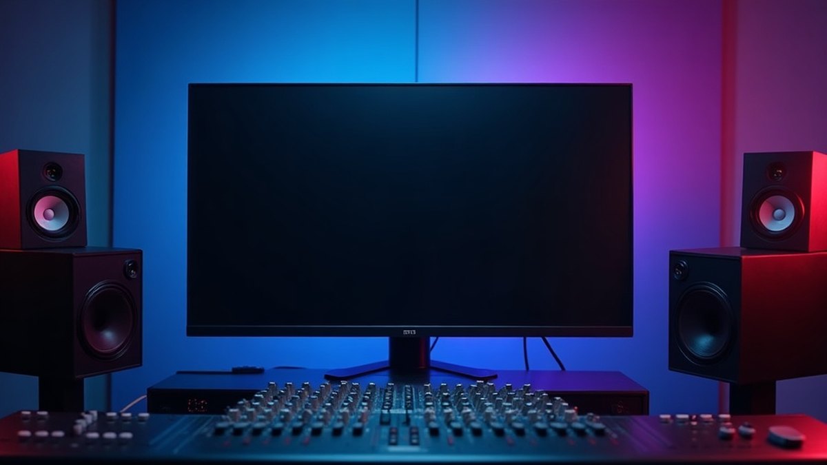 The generated plate — a neon studio with a deliberately blank monitor
