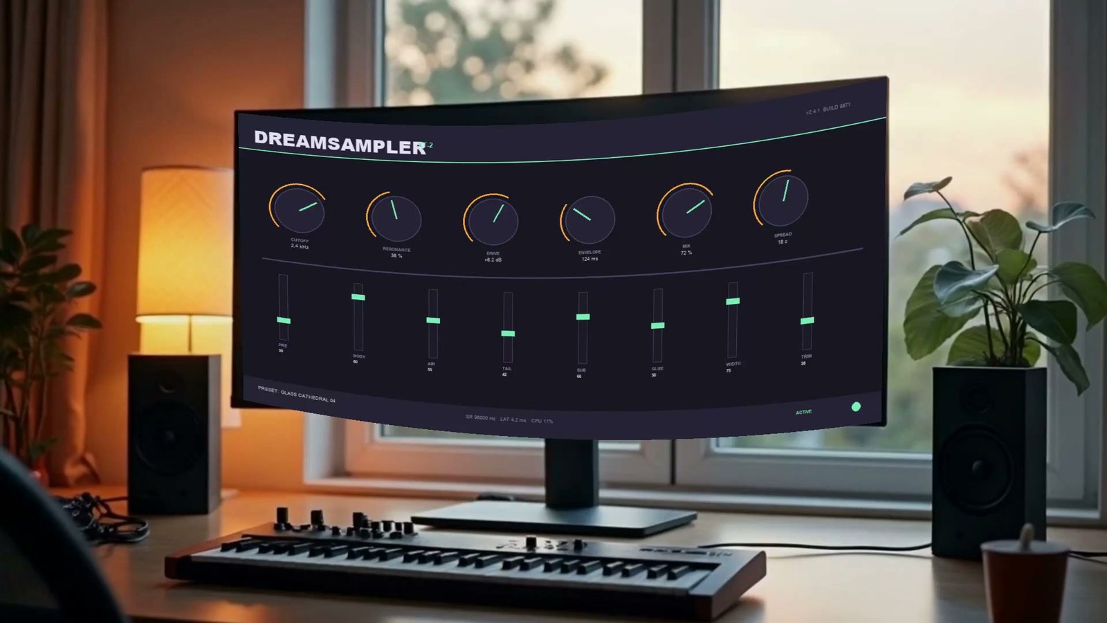 The exact interface keystoned and bowed to follow a curved monitor seen at an angle