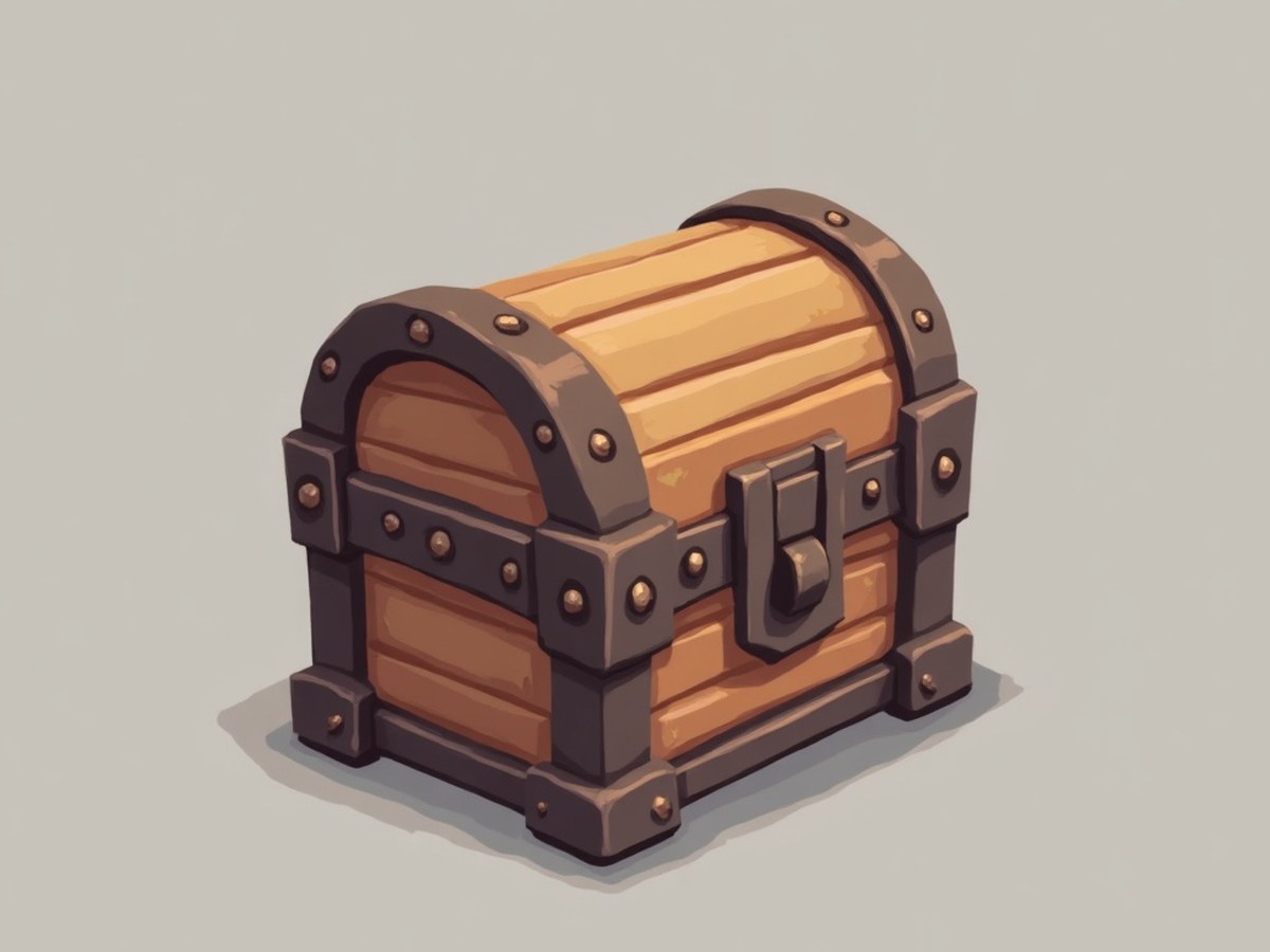 Concept → Game Asset — a low-poly hand-painted treasure chest, the concept that becomes a game-ready GLB (1.49M → 5k tris)