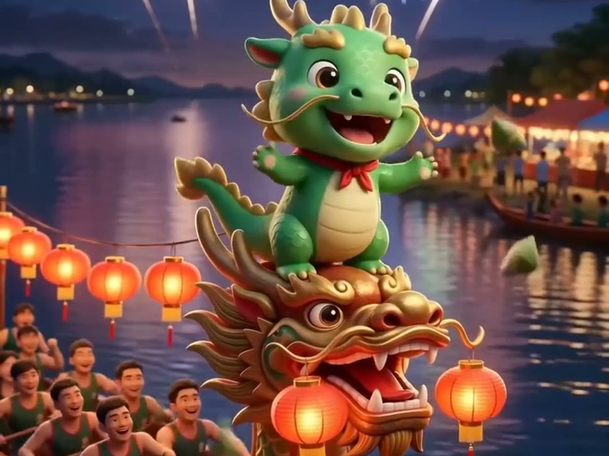 Dragon Boat Festival — the cartoon character 小波/Bo racing a dragon boat