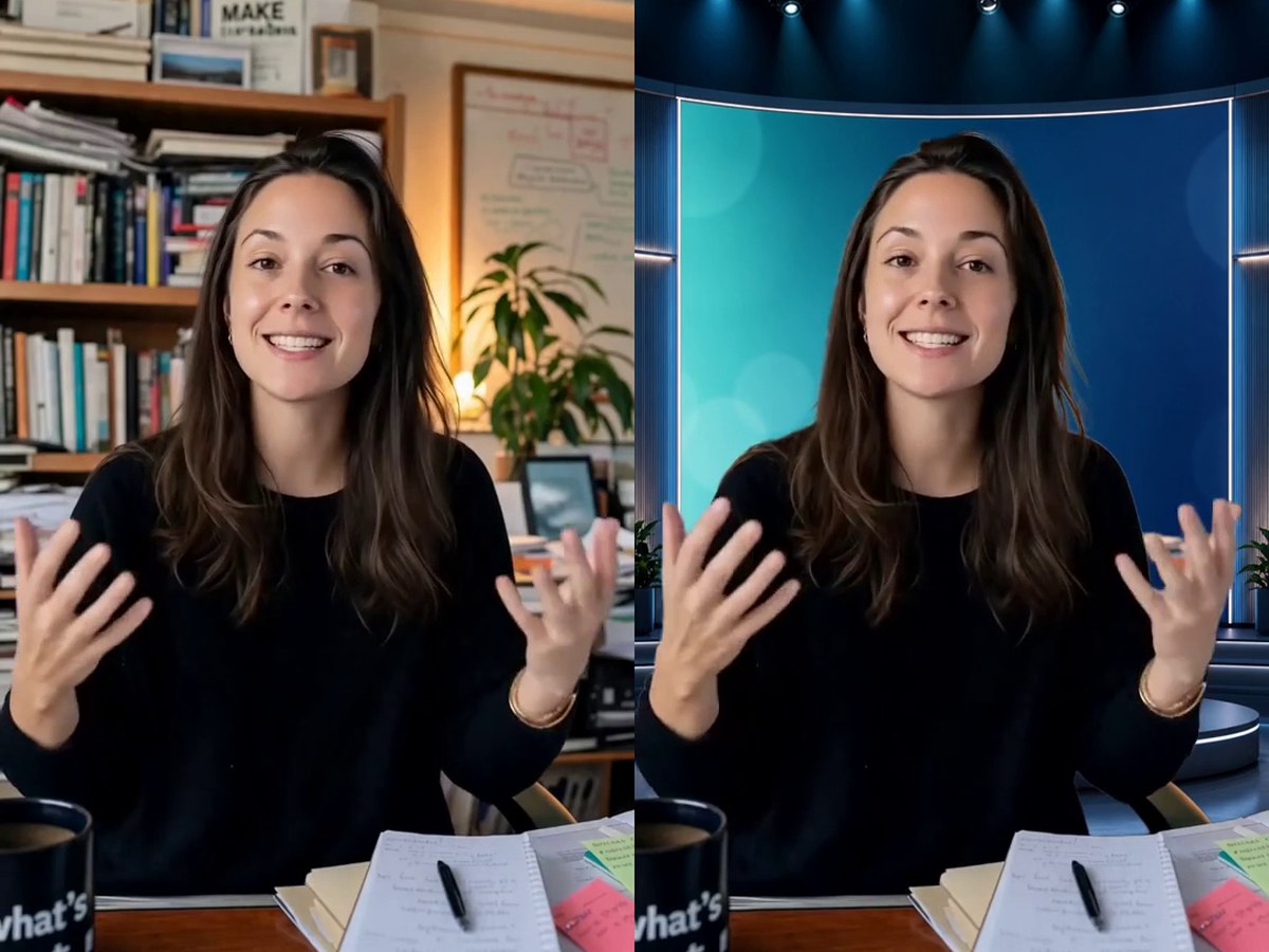 Green-Screen-Free Studio — before/after of the same presenter: shot at a cluttered home-office desk, then matted onto a clean broadcast studio set