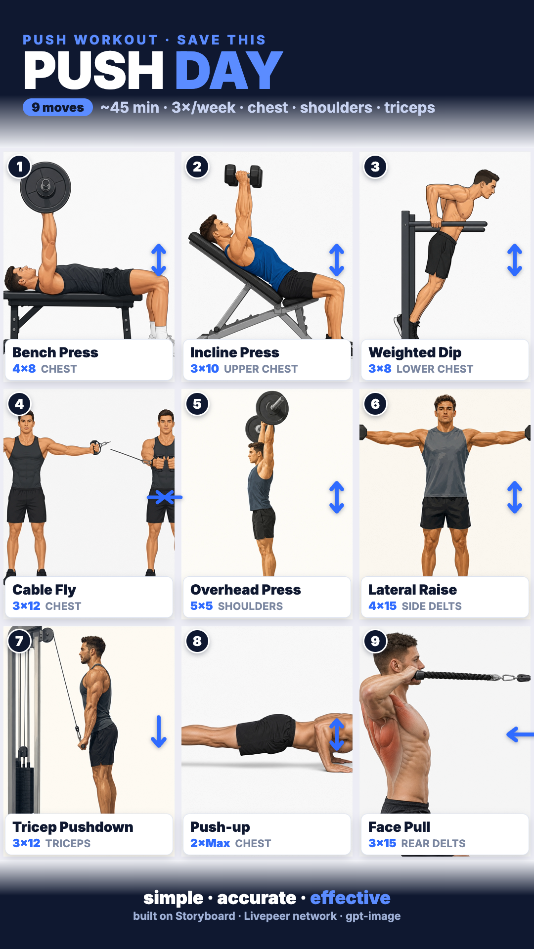 Gym-Routine Grid — a colored-pencil 3×3 board of gym movements with per-cell stats