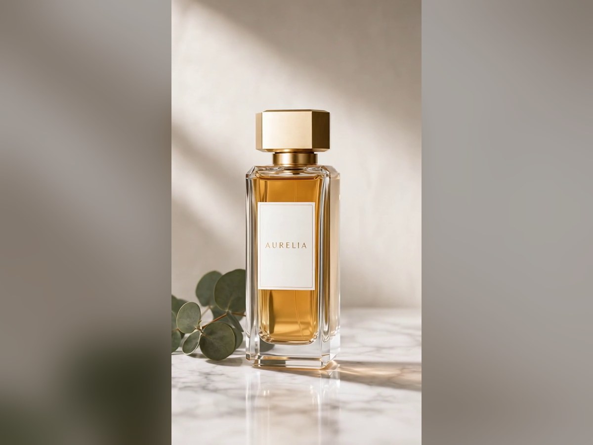 Cinematic HDR Hero Film — the AURELIA perfume bottle on marble with eucalyptus, warm raking light and HDR depth, a frame from the Luma Ray 3.2 hero film