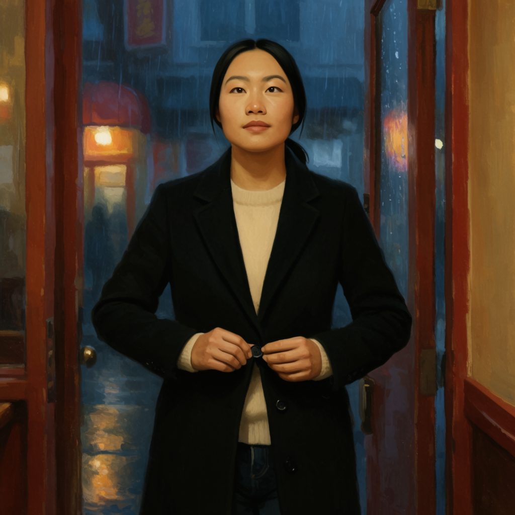 Scene 8 — Maya buttoning her coat