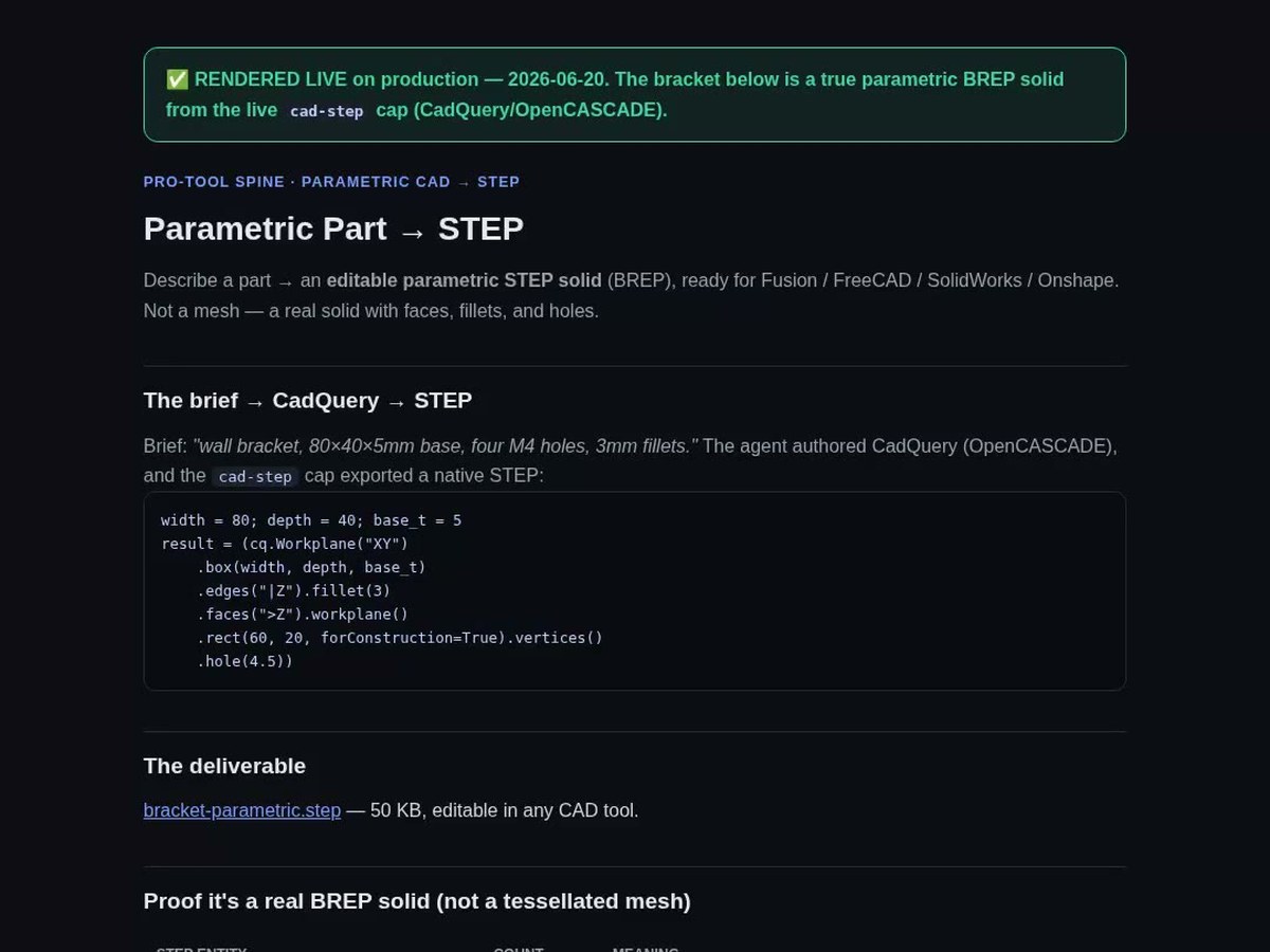 Parametric CAD → STEP — a CadQuery part exported as a native parametric STEP solid