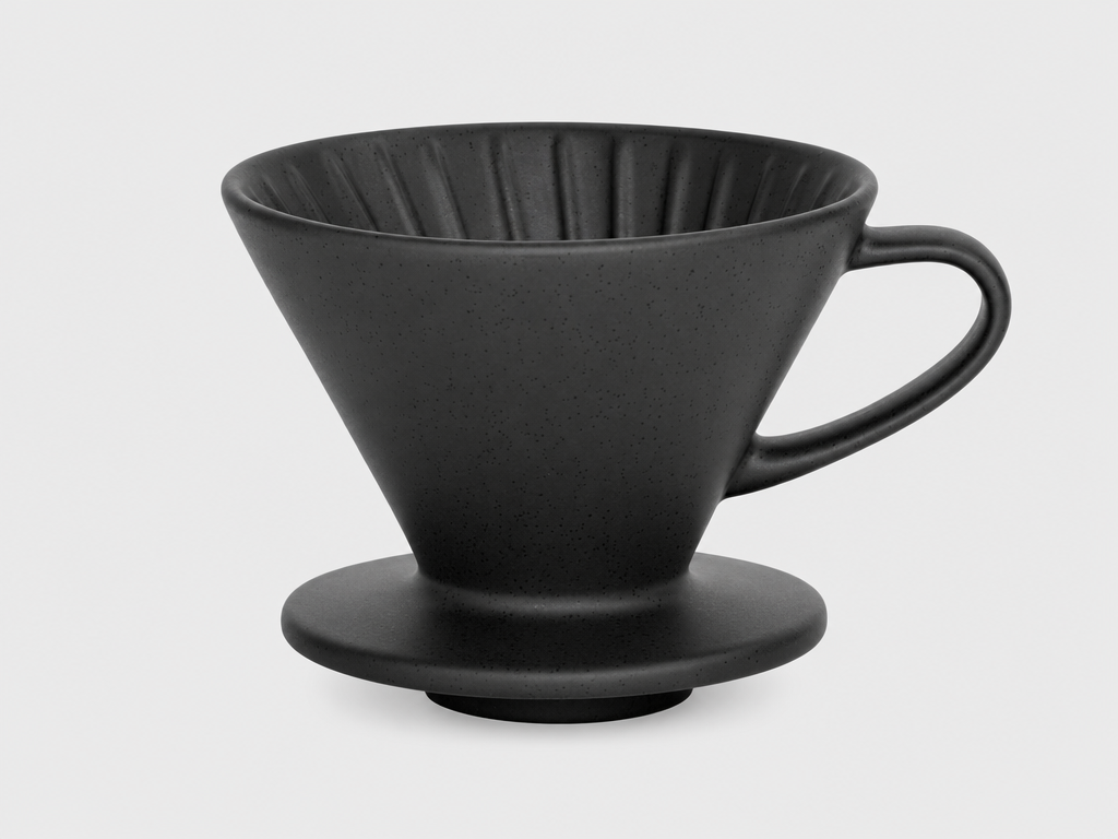 Matte-black ceramic pour-over dripper packshot → production 3D via Rodin v2.5