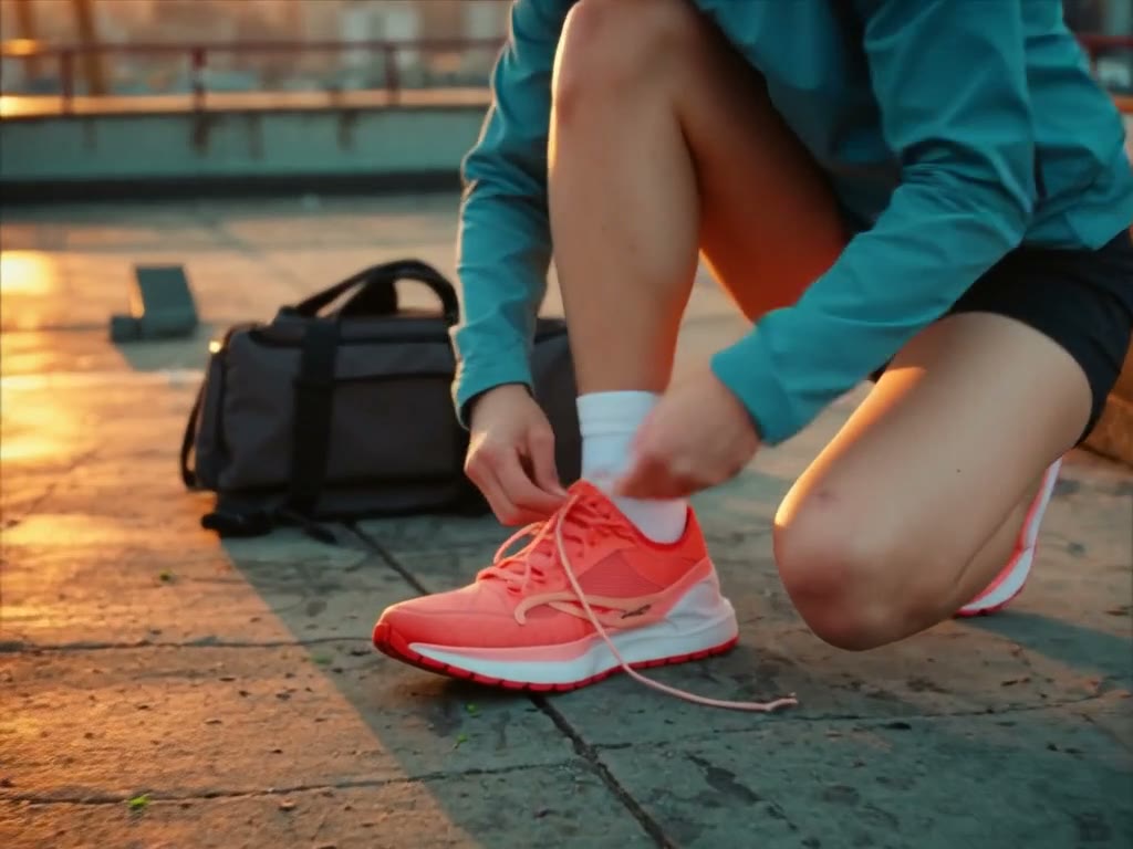 LTX 2.3 Ingredient scene — runner laces a coral sneaker on a rooftop at dusk, duffel beside