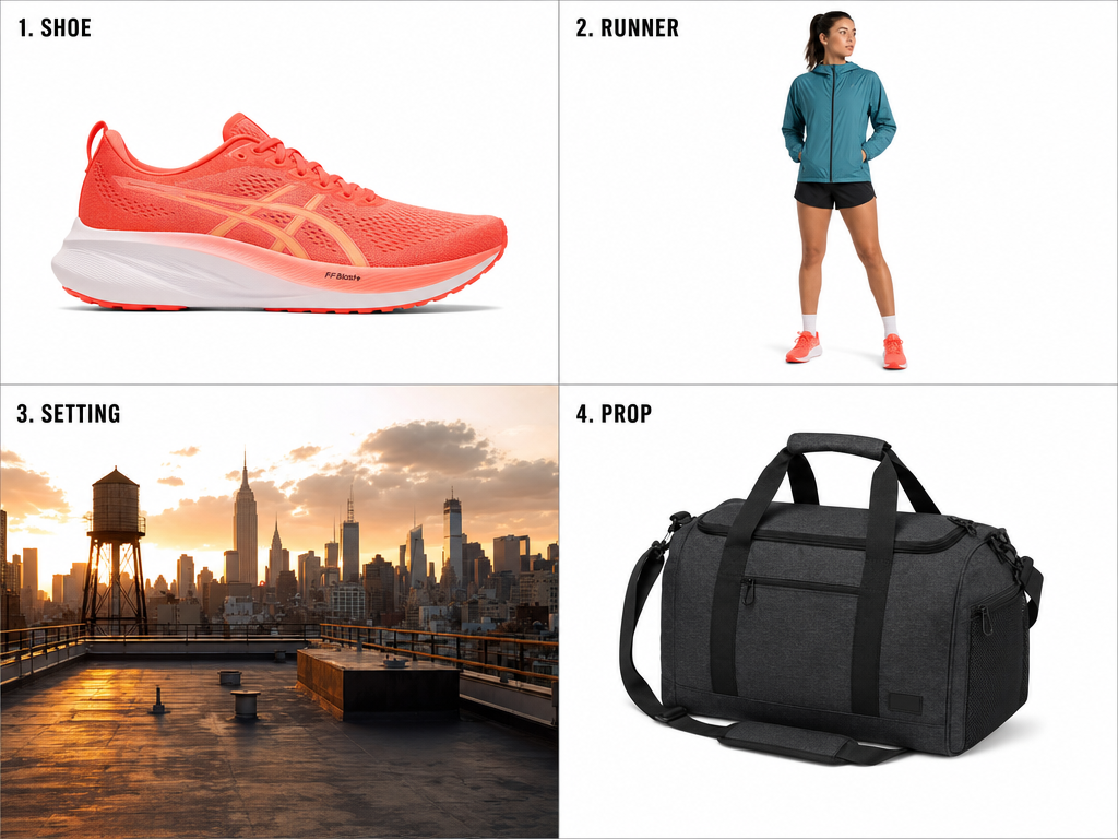 Reference sheet: coral sneaker, runner in teal, rooftop at dusk, charcoal duffel
