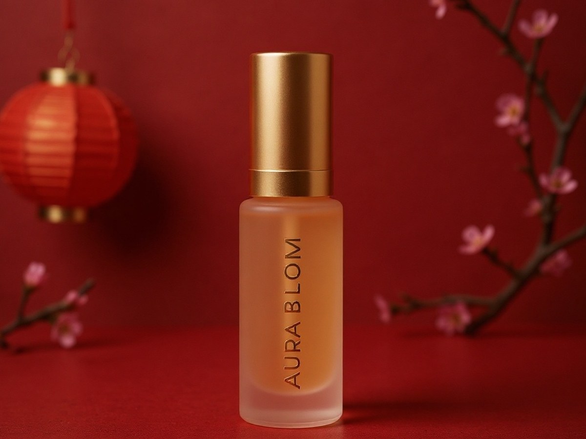Seasonal capsule — the AURA BLOM lip-oil hero restaged for Lunar New Year with red lanterns and peach blossoms