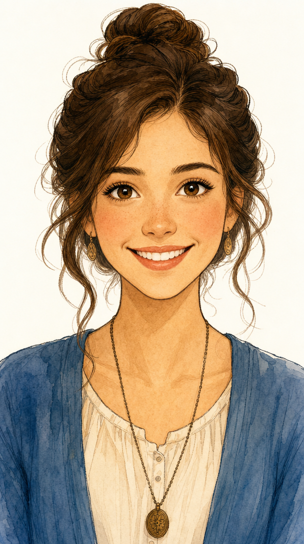 Hand-drawn watercolor portrait of a young woman, front-facing, clean face — the static input still