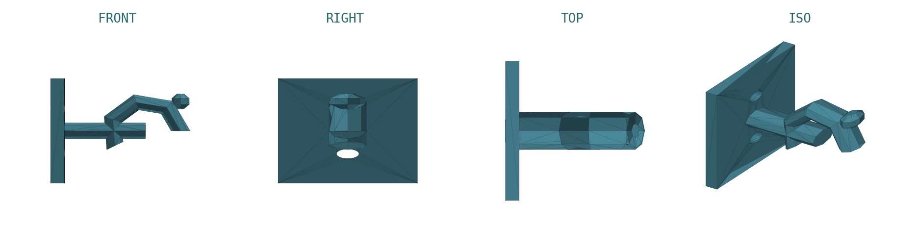4-view orthographic render of the low-poly desk hook — front, right, top, iso