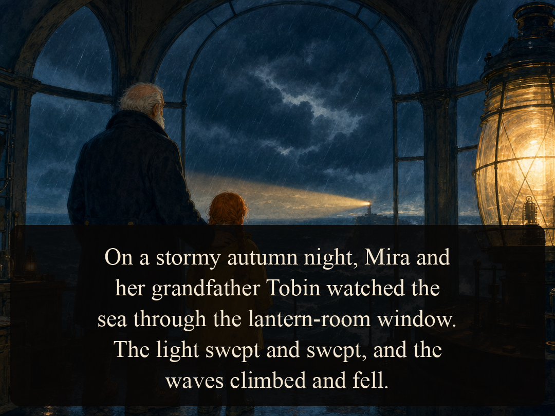 Panel 1 — Mira and grandfather Tobin watching the stormy sea from the lantern room window