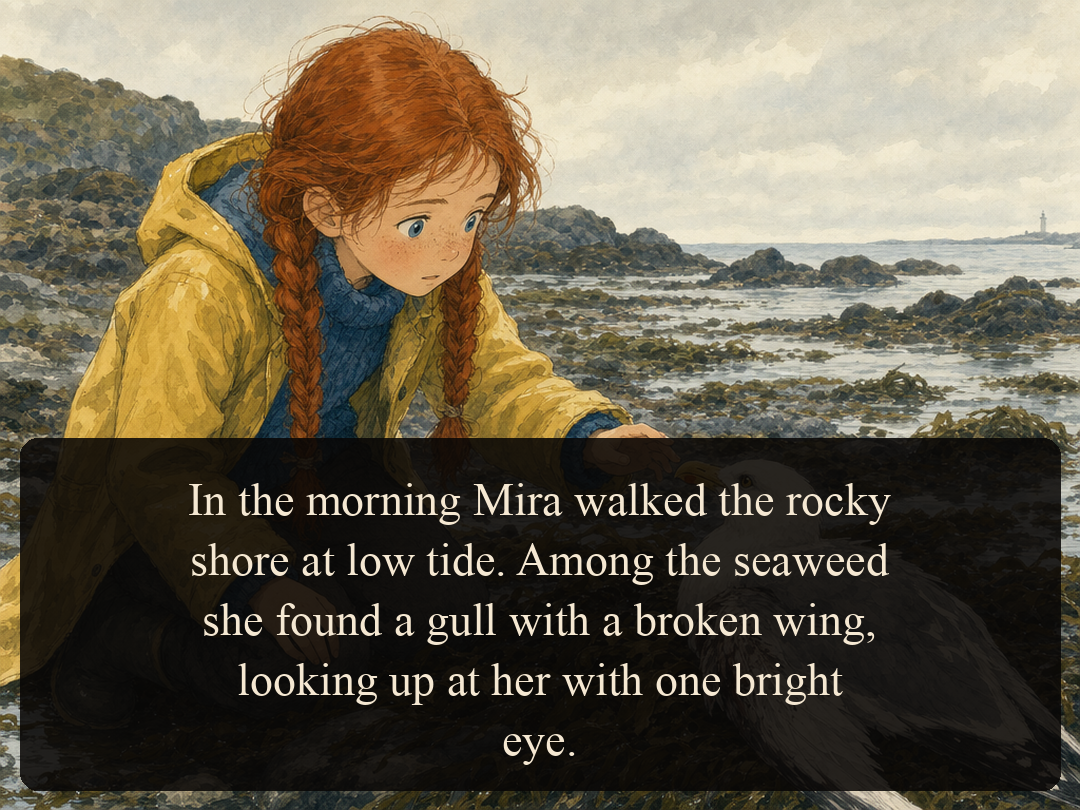 Panel 2 — Mira finds a wounded gull among the seaweed at low tide