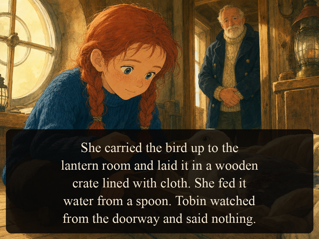 Panel 3 — Mira feeds the gull from a spoon in the lantern room