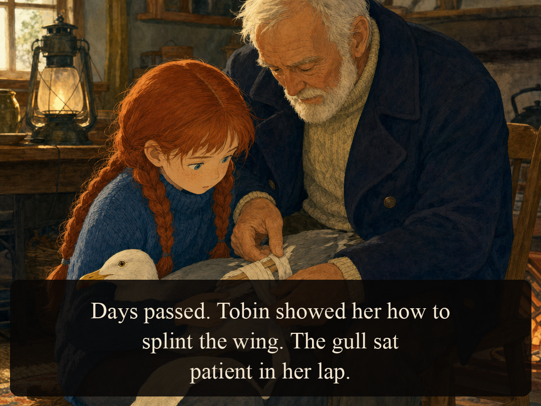 Panel 4 — Tobin teaches Mira how to splint the gull's wing