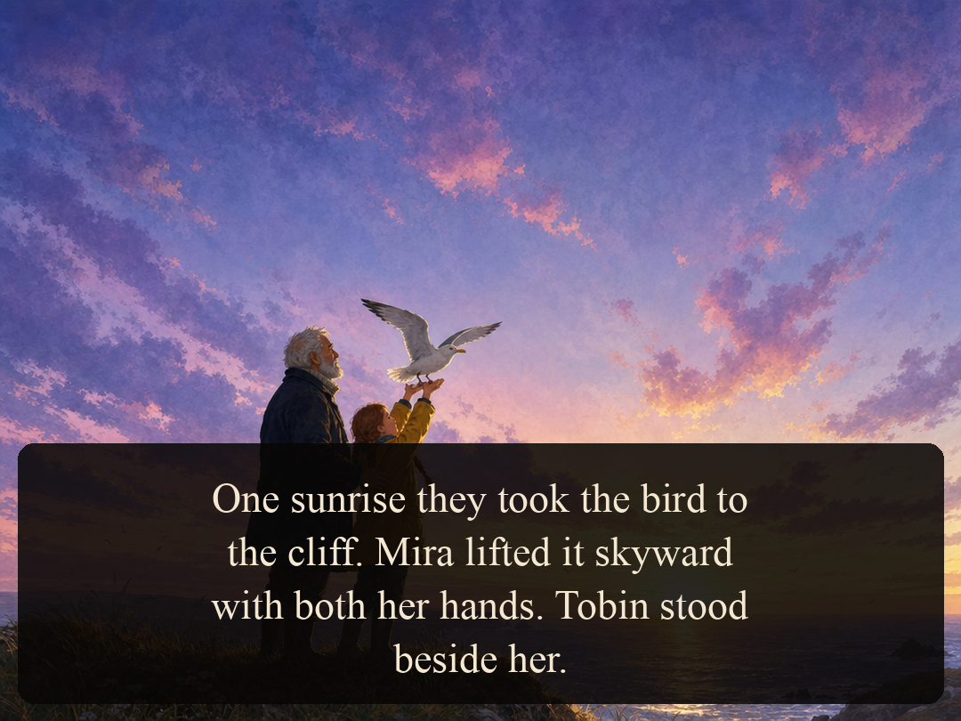 Panel 5 — Mira and Tobin lift the gull skyward at sunrise on the cliff