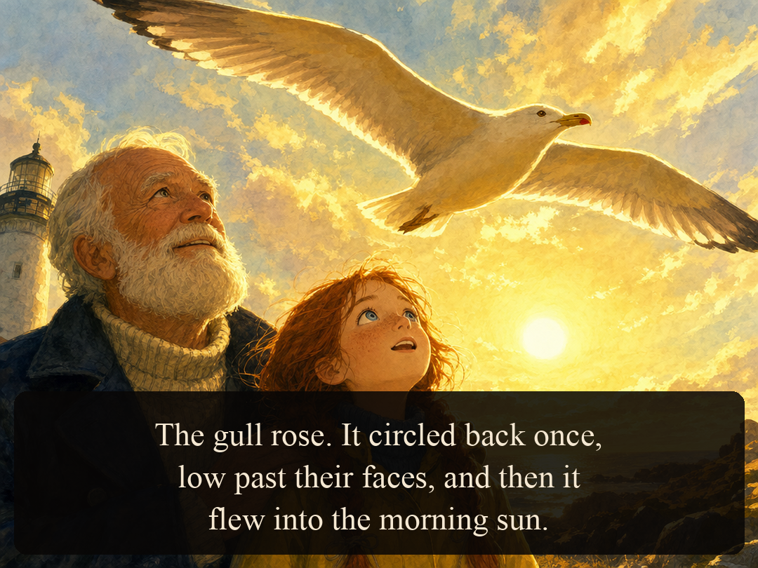 Panel 6 — The gull circles back once and flies into the morning sun