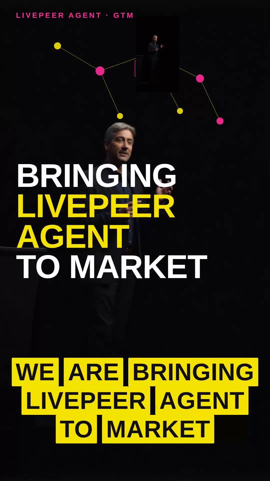 Typographic social cut — word-hit captions, molecular graphics, condensed type and a tracked overlay over a graded talking-head