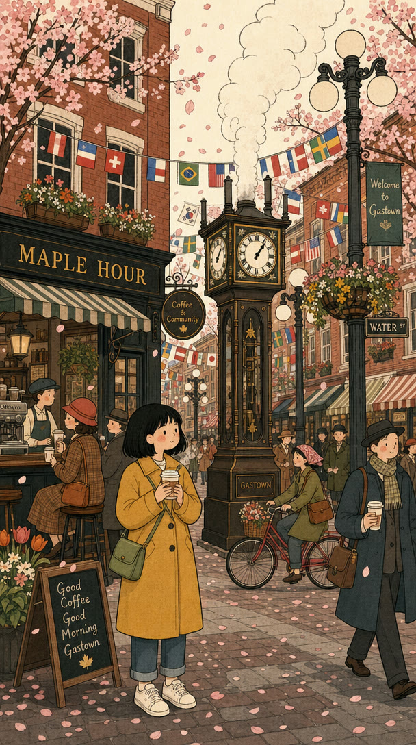 Mei with morning coffee by the Gastown steam clock