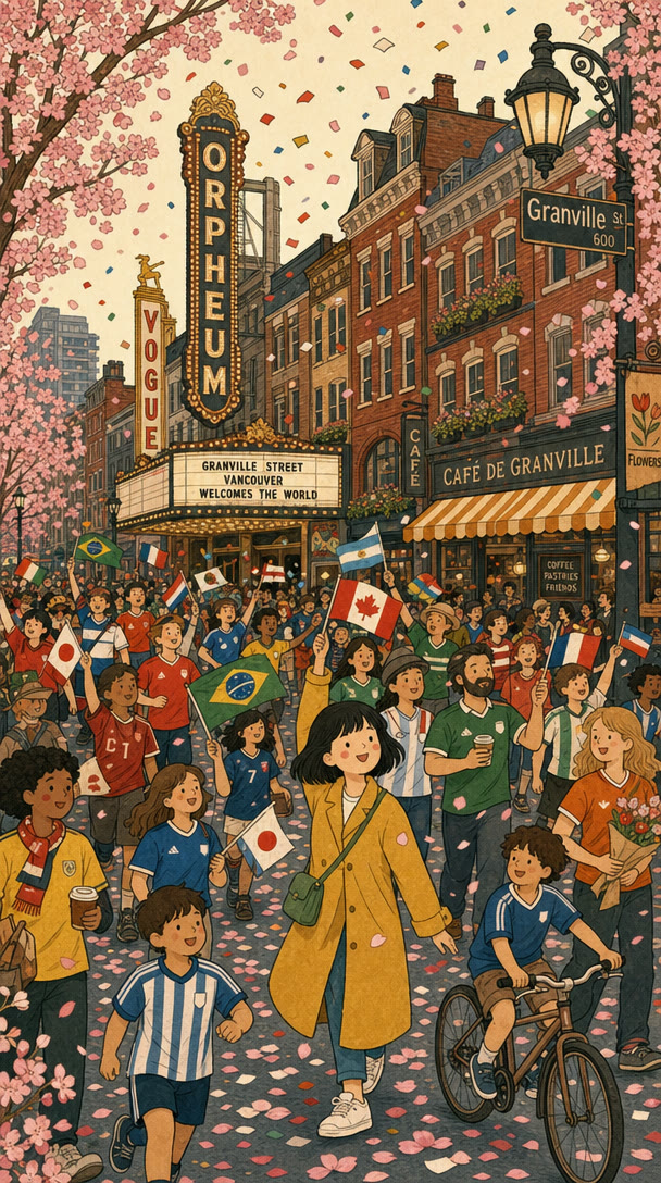 Granville Street fan march with flags and confetti