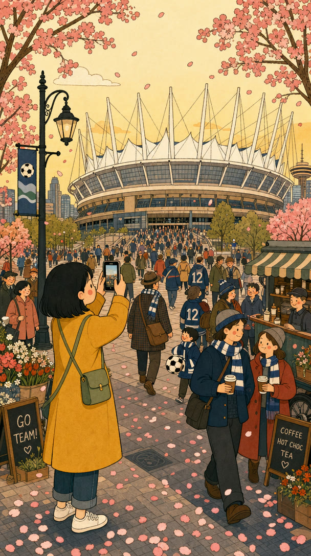 BC Place stadium at golden hour, drawn storybook style