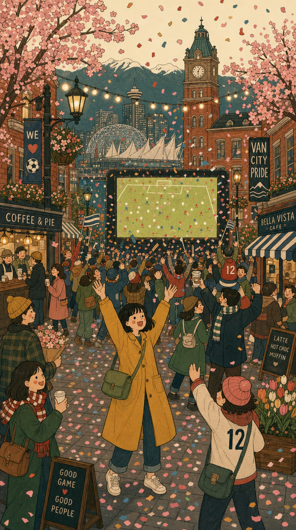 Fan-zone plaza at dusk with a goal-moment confetti burst