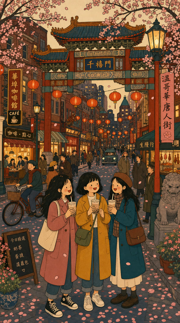 Chinatown Millennium Gate with red lanterns, Mei and friends with bubble tea