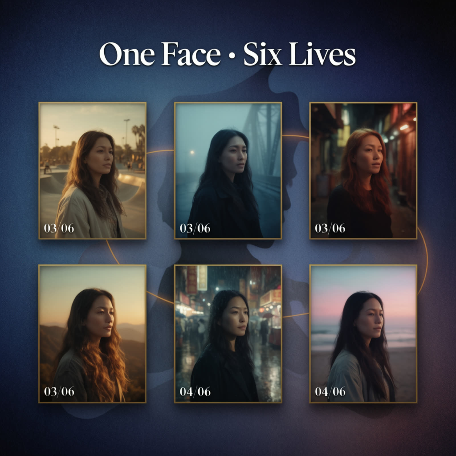 One Face · Six Lives — the face-swap flagship