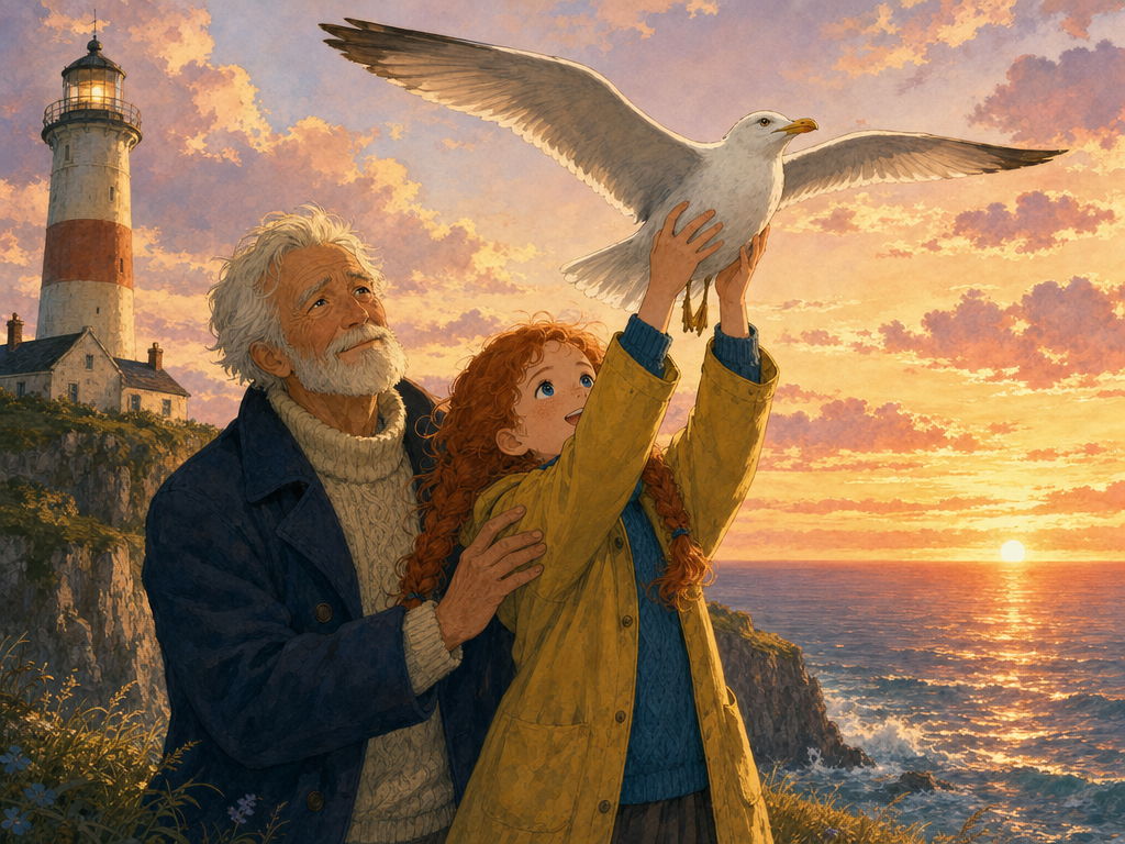 THE LIGHTHOUSE BIRD — Mira lifts a healed gull skyward — story-to-screen flagship hero