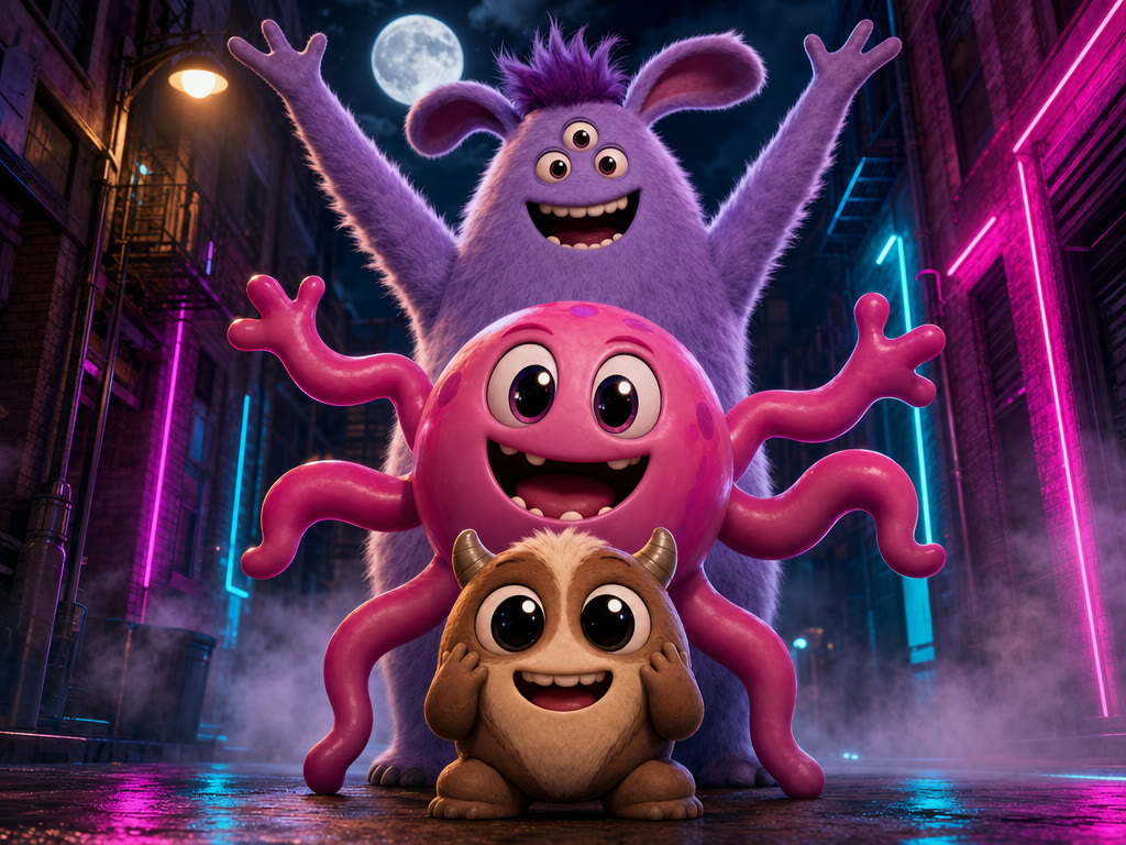 MONSTER DANCE CREW — three original monsters under neon